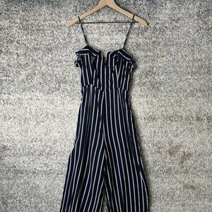 Aqua Jumpsuit Womens Small Navy White Striped Spaghetti Strap Wide Leg Lined